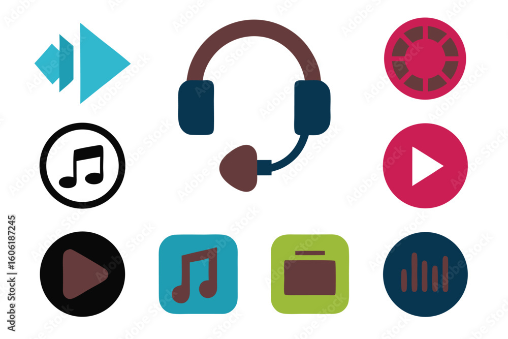Poster vector art of a collection of colorful music and media icons for web and app design