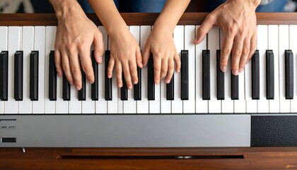 A top-down view of hands playing a piano