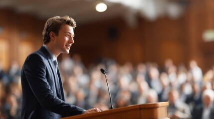 A man in a suit is delivering a speech at a podium in a room filled with an audience.