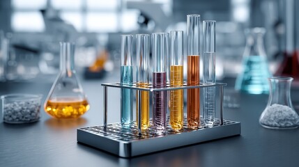 Test tubes with colored liquids in a laboratory setting, used for scientific research and chemical analysis.