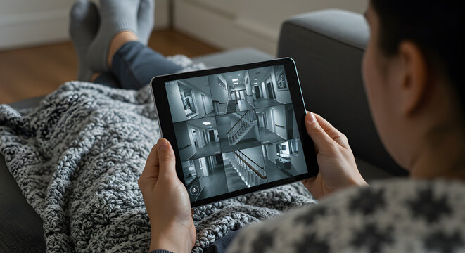 Woman Watching CCTV Surveillance Footage on Tablet in Modern Apartment Security System