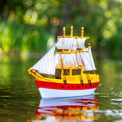 A toy ship on water, surrounded by bokeh