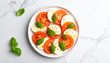 A caprese salad plate with sliced fresh tomatoes, mozzarella, and basil leaves, drizzled with olive oil, on marble background