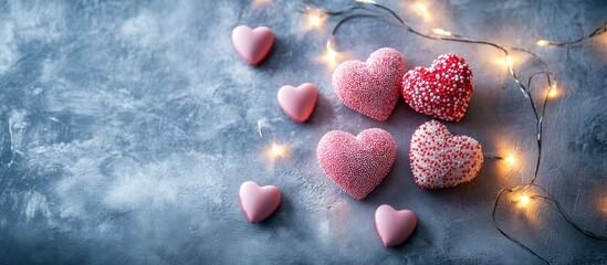 Pink heart-shaped treats on a gray background, decorated with sprinkles and fairy lights