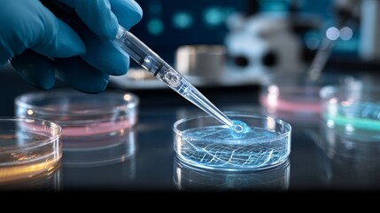 A scientist in gloves uses a pipette to conduct an experiment in a petri dish in a laboratory setting.