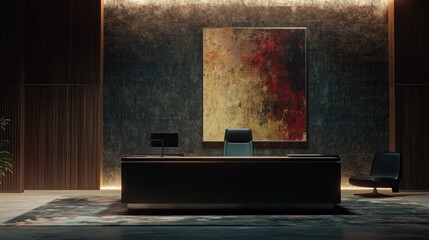 Dark, modern office with artwork