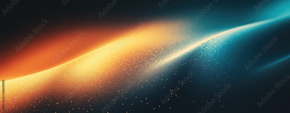 Poster abstract wavy particle background with orange and blue gradient and glitter