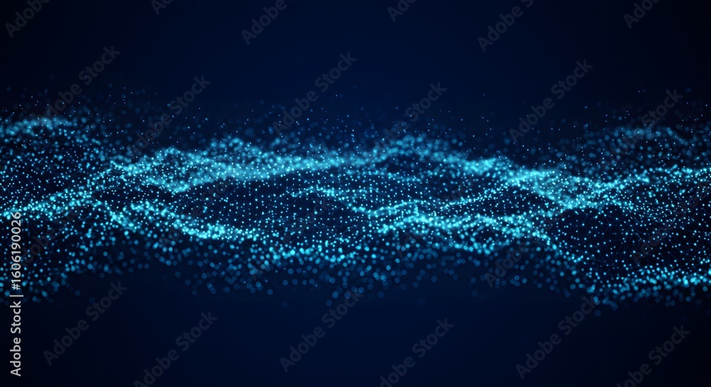 Poster an abstract blue wave of glowing particles flows across a dark background, representing digital data