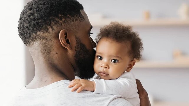 Affectionate African American father gently cradling his adorable baby son indoors
