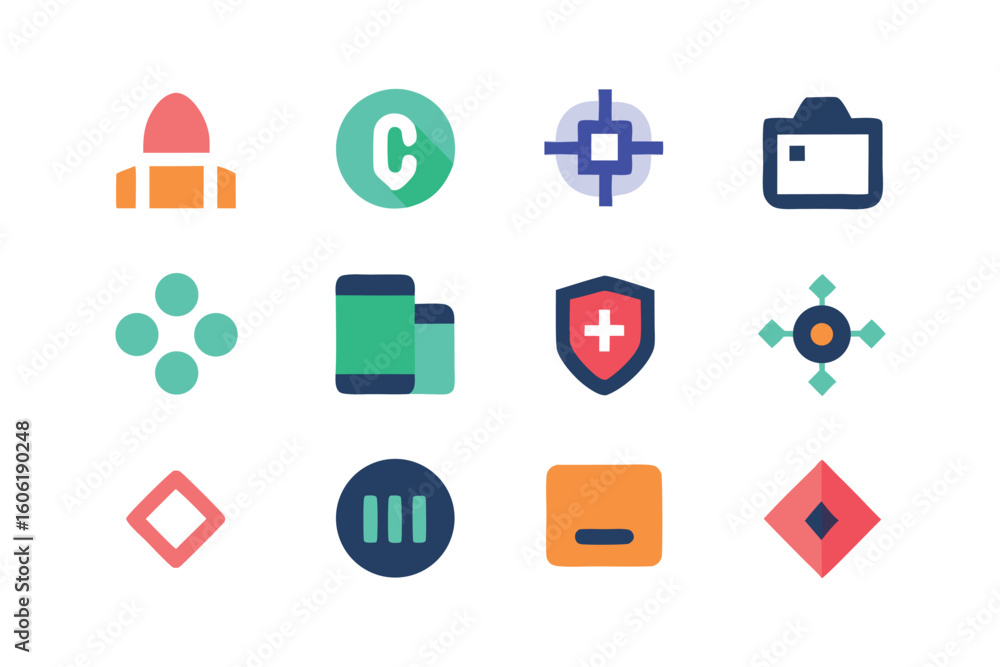 Poster vector art of a vibrant collection of twelve colorful vector icons on a white backdrop