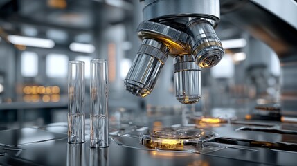 A close-up shows a microscope and lab items in a well-lit scientific laboratory, indicating scientific research and analysis.