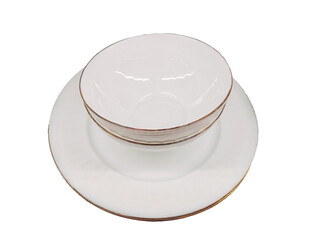 Empty Classic White Bowl and Plate with Gold Rim on Transparent Background