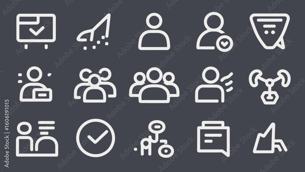 Poster line icons set representing business concepts and team management design