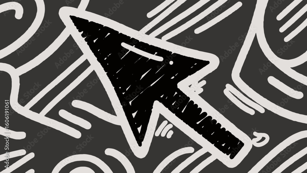 Poster hand drawn cursor arrow with doodle lines and shapes on a gray backdrop