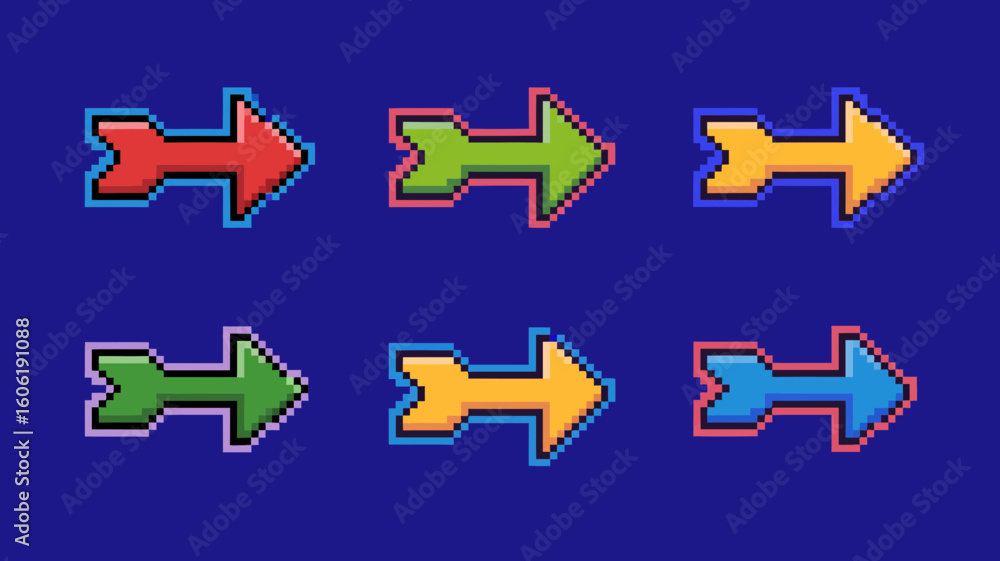 Poster set of pixel art style arrows in vibrant colors pointing right direction