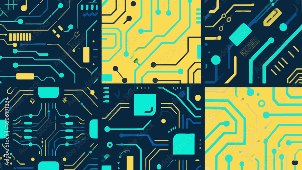 Poster abstract circuit board pattern with geometric shapes and vibrant colors
