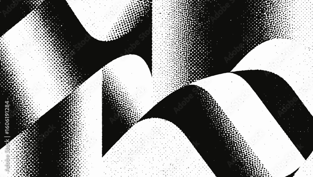 Poster abstract geometric shapes featuring halftone patterns and wave forms