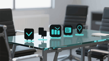 Business meeting with data analytics displayed on a conference table