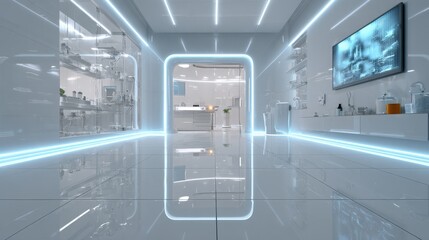 A modern and futuristic interior space with neon lights, clean white floors, and sleek design elements.