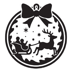 Classic Christmas Ornament Silhouette with Sleigh, Reindeer, Snowflakes, and Crescent Moon Design. 