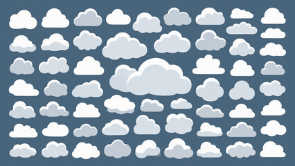 Collection of various cloud shapes and designs on a navy blue background