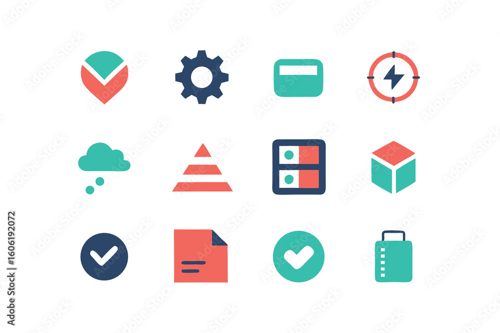 Poster vector art of a set of colorful flat design icons isolated on white background representing various 
