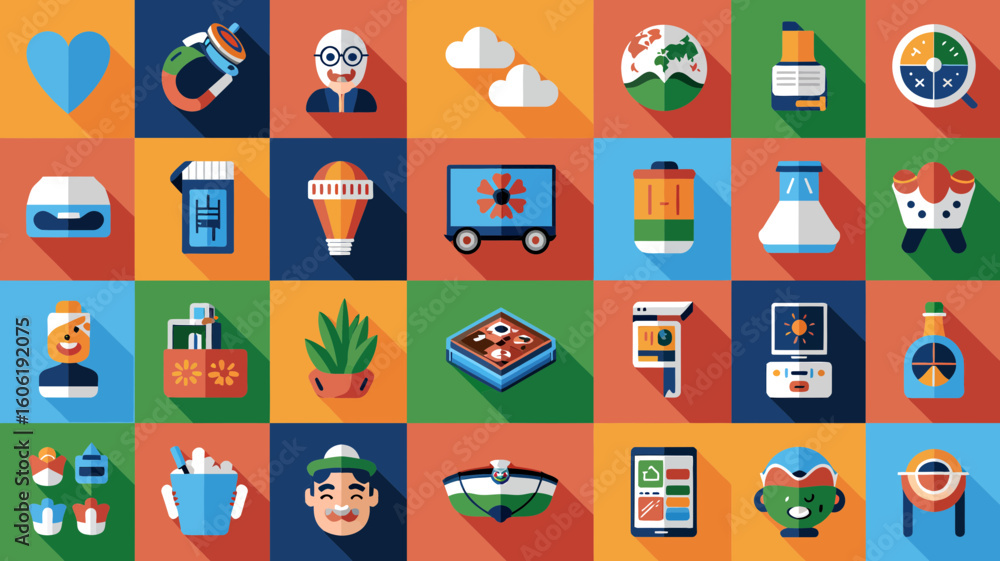 Aufkleber colorful assortment of flat design vector icons in a grid pattern