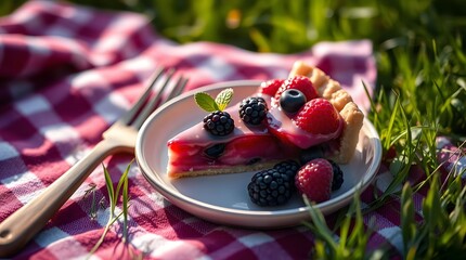 Delicious berry pie slice on picnic blanket outdoors summer dessert food photography