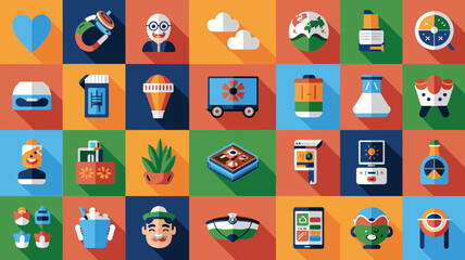 Colorful assortment of flat design vector icons in a grid pattern