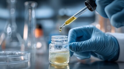 A scientist wearing gloves is dropping liquid from a dropper into a small jar in a laboratory environment for scientific research.