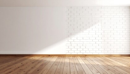 Empty room with wooden floor and white brick wall
