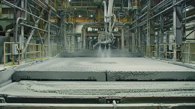 Industrial factory with overhead robot arm spraying gray material, pipes, and metalwork