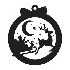 Classic Christmas Ornament Silhouette with Sleigh, Reindeer, Snowflakes, and Crescent Moon Design. 