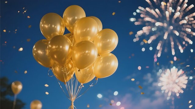 Golden balloons floating against a night sky with fireworks