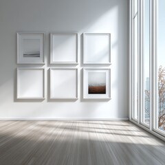 An interior scene with empty white picture frames on a white wall and a large window letting in natural light.