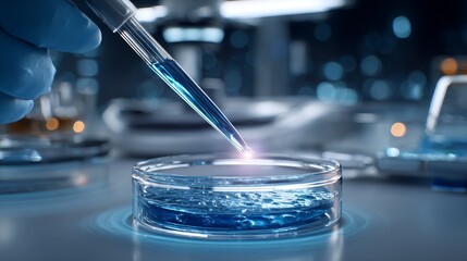 A scientist is using a pipette to conduct an experiment in a petri dish in a laboratory setting, representing scientific research and analysis.