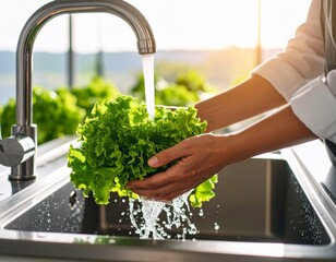 A person rinses fresh green lettuce under a kitchen faucet, with sunlight illuminating the scene and greenery blurred in the background.