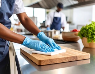 A person wearing blue gloves cleans a wooden cutting board in a professional kitchen setting, with another chef working in the background.