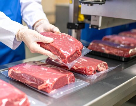 Raw beef is being vacuum-sealed by a worker wearing gloves in a meat processing facility.