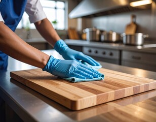 A person wearing blue gloves is wiping a wooden cutting board in a modern kitchen, emphasizing cleanliness and hygiene.