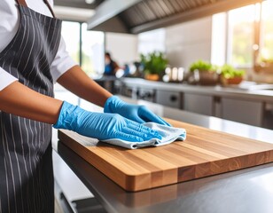 A person wearing blue gloves and a striped apron cleans a wooden cutting board in a bright kitchen.