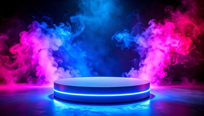 Empty round podium, neon lighting, smoke