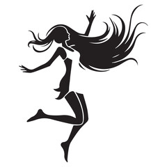Dynamic Woman Leaping Logo with Flowing Hair Silhouette in Sleek Modern Vector Style. 
