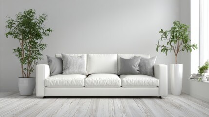 Modern minimalist living room with white sofa, wooden floor, and indoor plants
