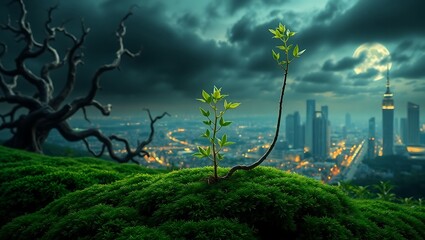 A sprig of life against the backdrop of a sprawling cityscape under a cloudy sky with a full moon