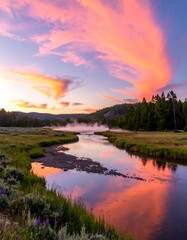 A tranquil sunrise over a meadow river
