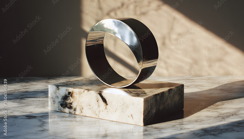 Poster a sleek polished object on marble, abstractly representing modern communication with soft reflection