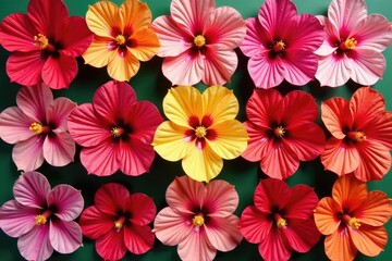 Boldly colored hibiscus blossoms arranged in a square grid , style, grid