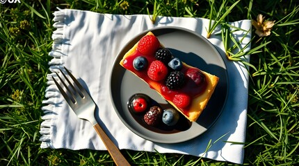 Delicious berry tart recipe: summer dessert with fresh raspberries and blueberries outdoors
