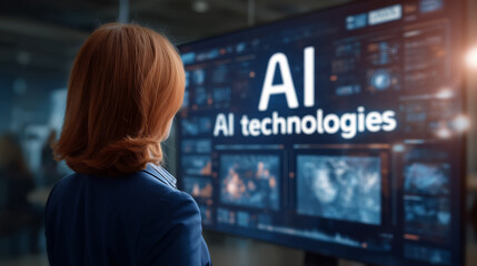 Woman standing in front of digital displays with AI and data analytics,